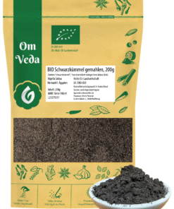BIO Schwarzkümmel Gemahlen im Kraftpapierbeutel | Nigella Sativa Pulver mit Kräftigem Aroma | Orientalisches Gewürz für Brot, Zatar, Reis, Salate & Dressings | DE-ÖKO-039 | von OmVeda (200g)