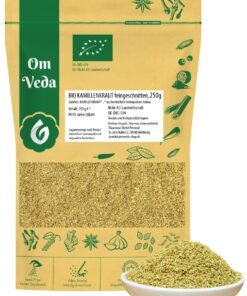 OmVeda Bio Kamillenkraut 250g | Geschnittene Kamillenblüten DE-ÖKO-039 | Kräutertee Lose für Tee, Gesichtsdampf, Kosmetik, Maskenfüllung | Vegan, Naturrein, Allergenfrei