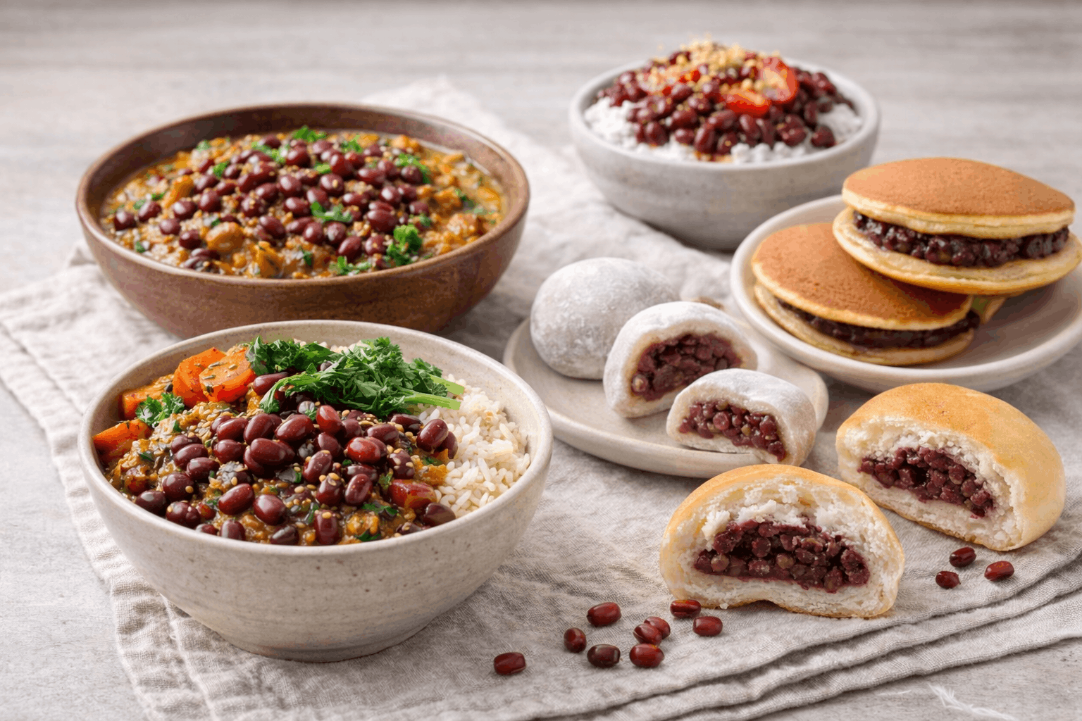 Bio Azukibohnen in Bowls, Curry und asiatischen Süßspeisen