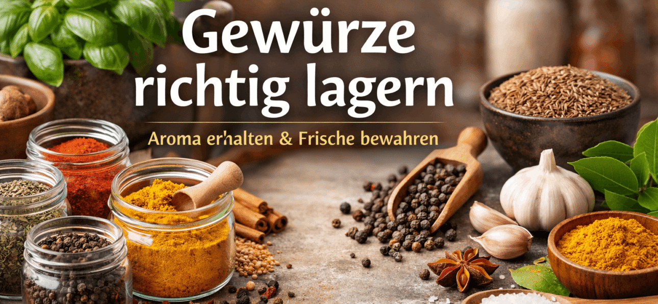 Gewürze richtig lagern – luftdicht verschlossene Gläser mit Bio Gewürzen in moderner Küche