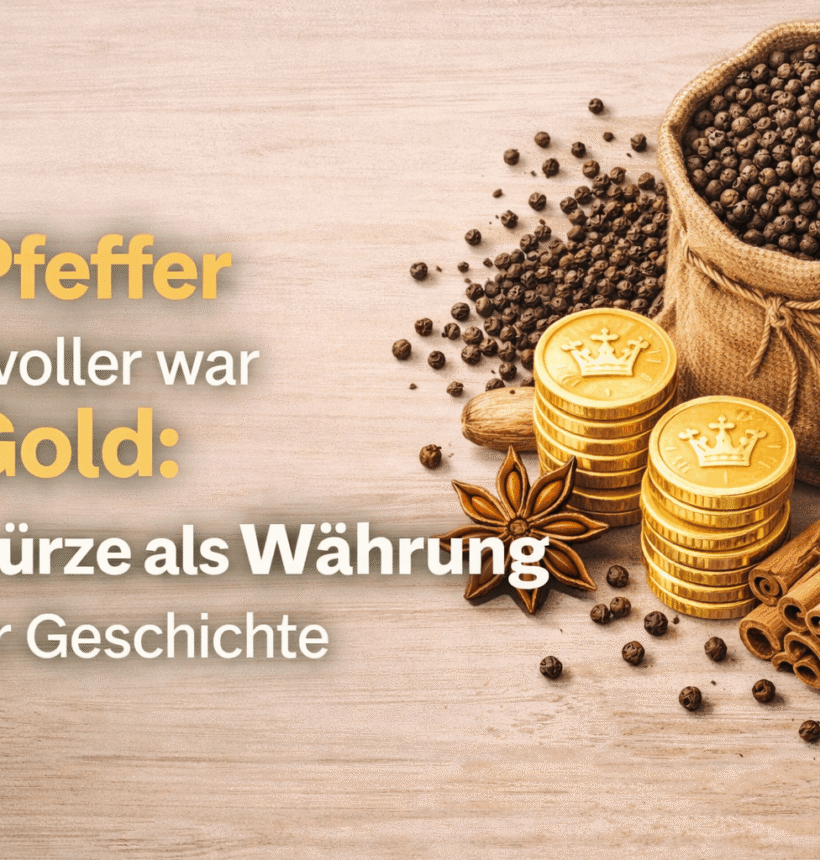 Warum Gewürze früher als Währung verwendet wurden – und was das mit deiner Küche heute zu tun hat? 1 Gewürze wie Pfeffer, Zimt und Muskat mit Goldmünzen – Illustration zur Geschichte des Gewürzhandels und der Nutzung von Gewürzen als Währung