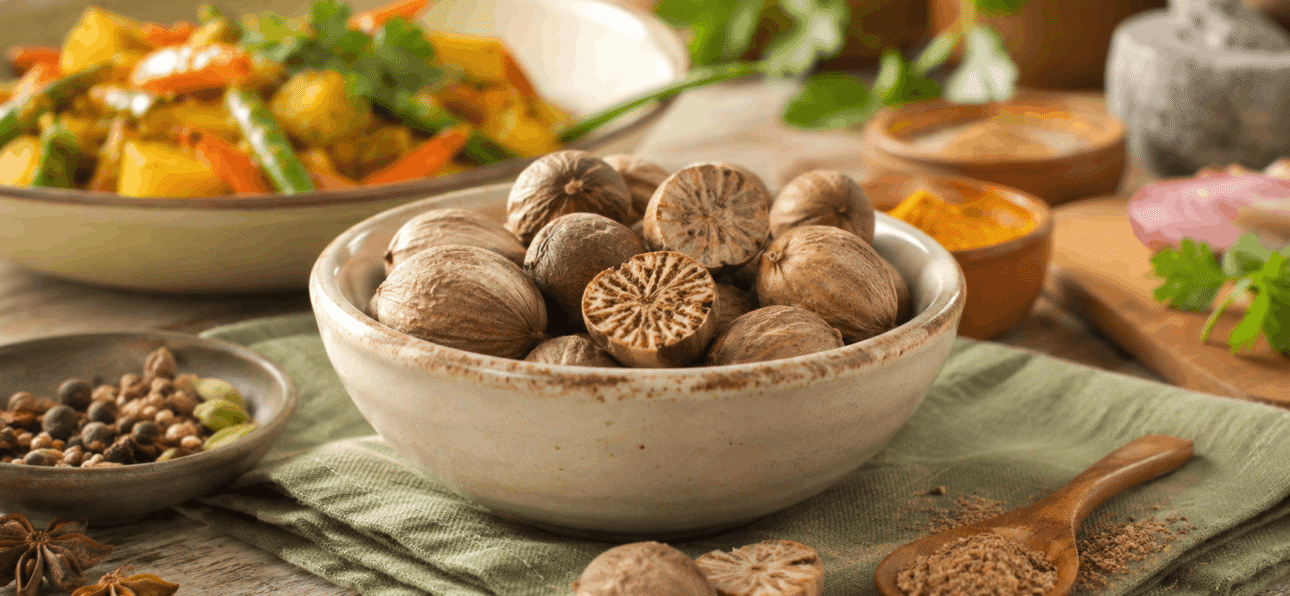 BIO Muskatnuss in natürlicher Küchenszene mit Kochinspiration