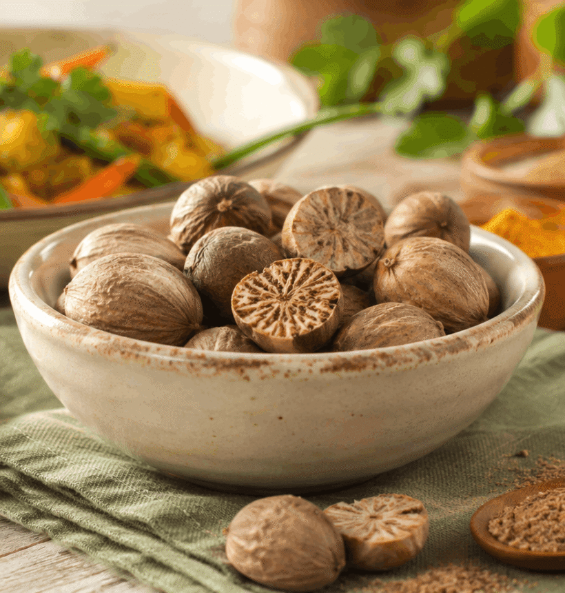 BIO Muskatnuss verwenden: einfache Ideen, Rezept & passende Bio-Produkte 1 BIO Muskatnuss in natürlicher Küchenszene mit Kochinspiration