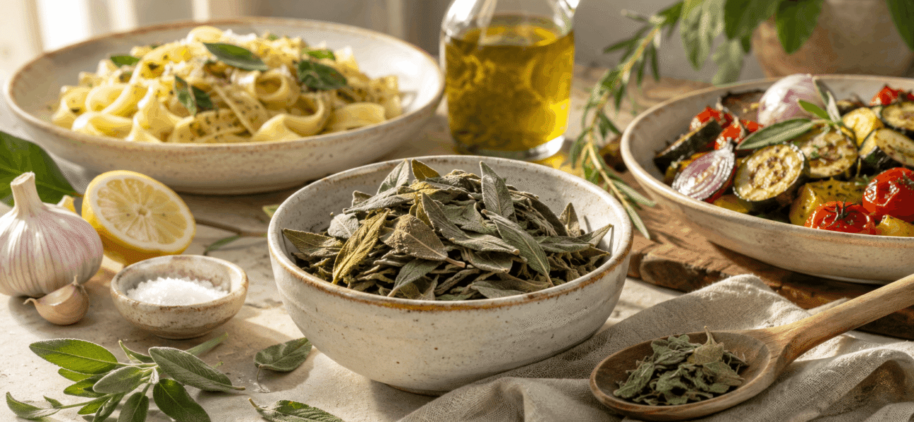 BIO Salbeiblätter verwenden: mediterrane Ideen für Pasta, Gemüse & Kräuteröl 1 BIO Salbeiblätter als aromatische Zutat für mediterrane Rezeptideen mit Pasta, Gemüse und Kräuteröl.