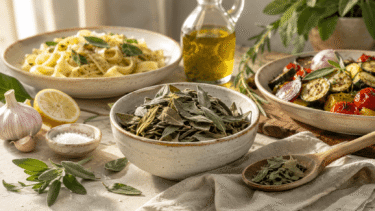 BIO Salbeiblätter als aromatische Zutat für mediterrane Rezeptideen mit Pasta, Gemüse und Kräuteröl.