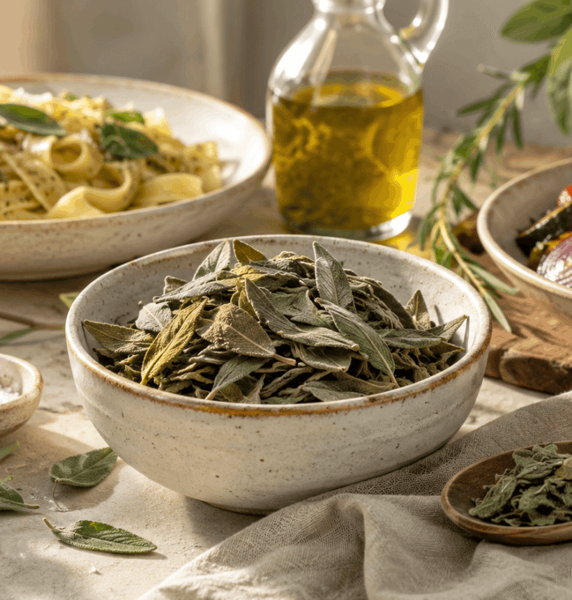 BIO Salbeiblätter verwenden: mediterrane Ideen für Pasta, Gemüse & Kräuteröl 1 BIO Salbeiblätter als aromatische Zutat für mediterrane Rezeptideen mit Pasta, Gemüse und Kräuteröl.