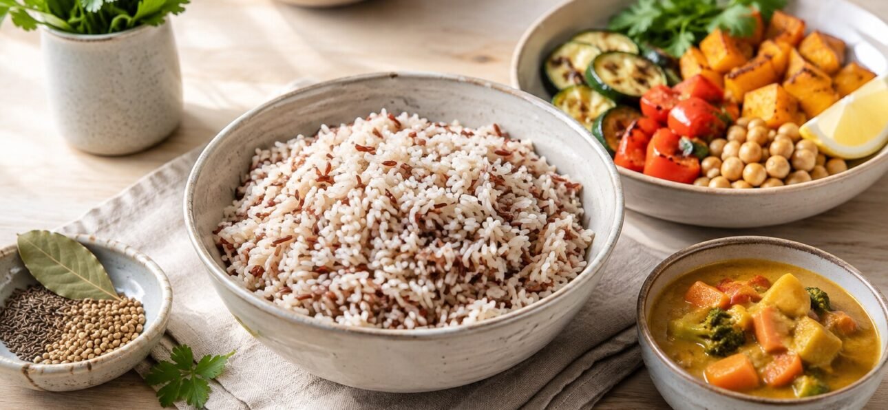 BIO Reismischung mit Gemüse-Bowl, Curry und Gewürzen