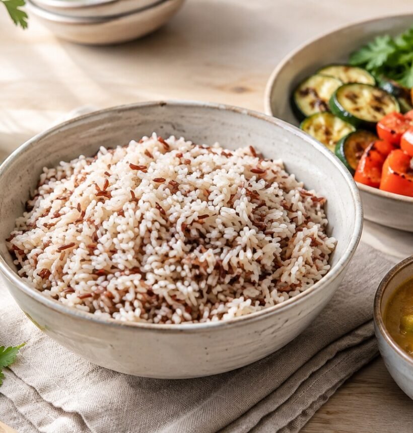 BIO Reismischung verwenden: 5 Ideen für Bowls, Curry & Meal Prep 1 BIO Reismischung mit Gemüse-Bowl, Curry und Gewürzen