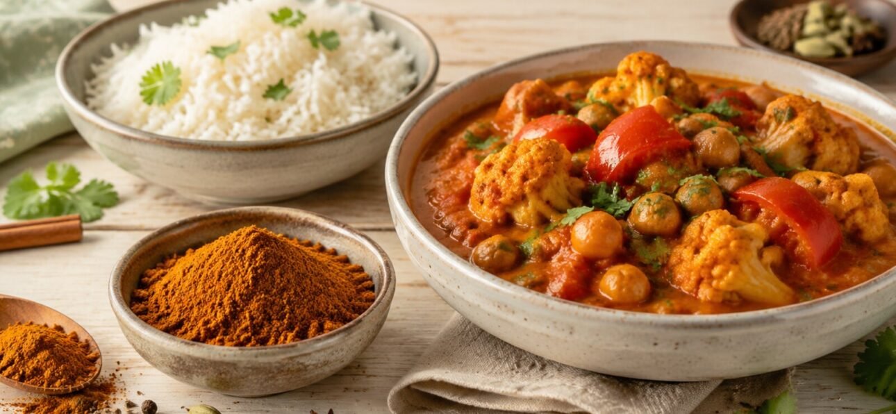 BIO Butter Chicken Masala verwenden: Ideen für Curry, Reis & Gemüse 1 BIO Butter Chicken Masala von OmVeda mit cremigem Gemüse-Curry und Basmatireis