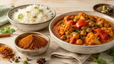 BIO Butter Chicken Masala von OmVeda mit cremigem Gemüse-Curry und Basmatireis