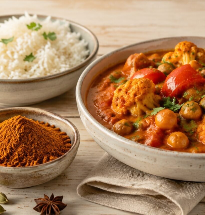 BIO Butter Chicken Masala von OmVeda mit cremigem Gemüse-Curry und Basmatireis