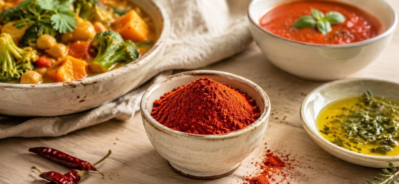 BIO Cayennepfeffer gemahlen verwenden: 5 Ideen für Curry, Suppe & Marinade 1 BIO Cayennepfeffer gemahlen mit Curry, Tomatensuppe und Kräutermarinade