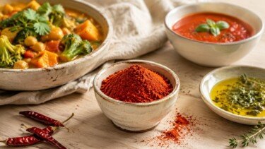 BIO Cayennepfeffer gemahlen mit Curry, Tomatensuppe und Kräutermarinade